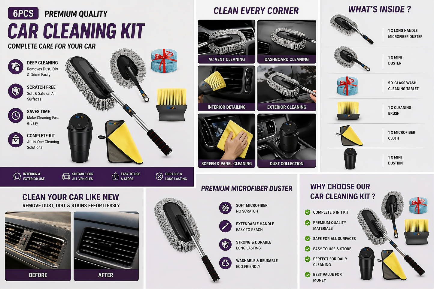6-in-1 Car Cleaning Kit – Microfiber Duster, Interior Brush, Cleaning Cloth & Mini Dustbin Combo