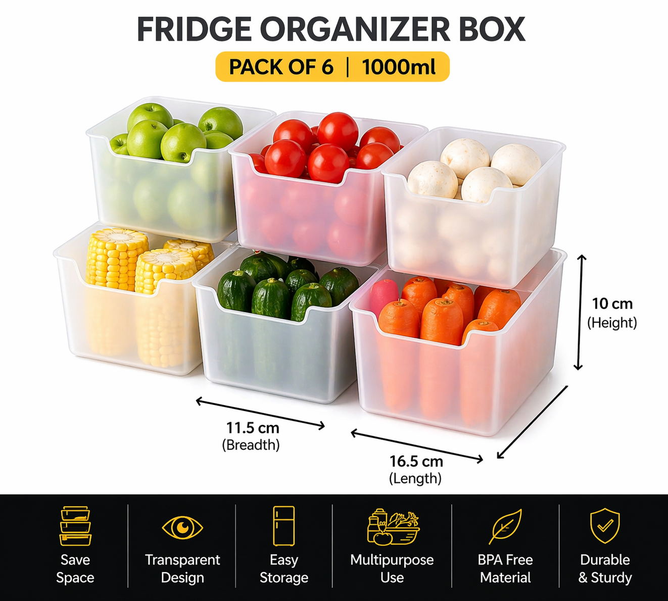 Fridge Organizer Boxes — Pack of 6