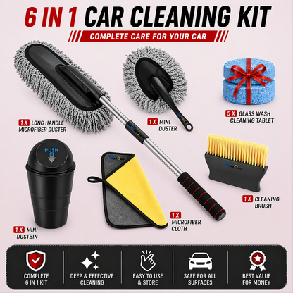 6-in-1 Car Cleaning Kit – Microfiber Duster, Interior Brush, Cleaning Cloth & Mini Dustbin Combo
