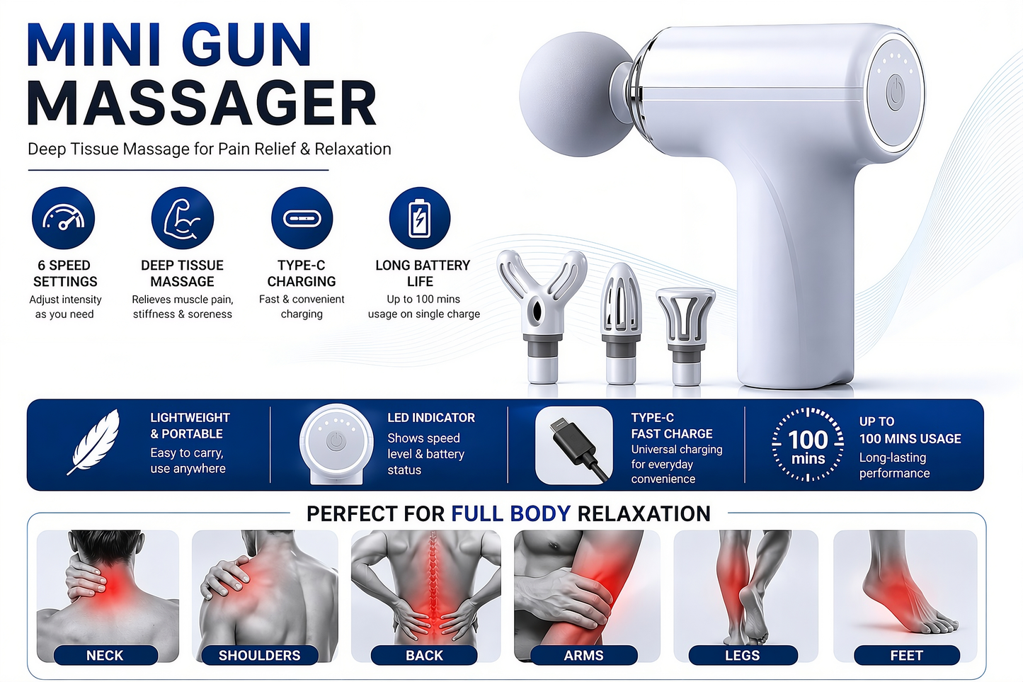 Mini Massage Gun for Pain Relief – Portable Deep Tissue Massager for Neck, Back & Muscles (Rechargeable, 6 Speed)