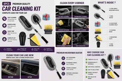 6-in-1 Car Cleaning Kit – Microfiber Duster, Interior Brush, Cleaning Cloth & Mini Dustbin Combo